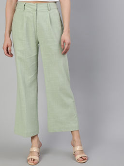 Jaipur Kurti - Mint Green Cotton Slub Flared High Rise Parallel Pant