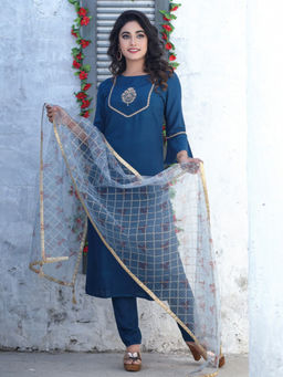 Jaipur Kurti - Blue Embroidered Silk Kurta with Pants & Dupatta (Set of 3)
