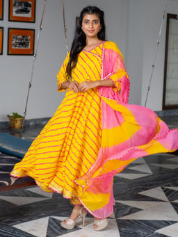 Jaipur Kurti - Yellow Leheriya Angarkha Kurta with Pant & Dupatta (Set of 3)