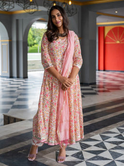 Jaipur Kurti - White Floral Printed Anarkali Kurta with Pant & Dupatta (Set of 3)