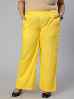 Jaipur Kurti - Yellow Plus Size Solid Rayon Straight Palazzo