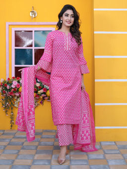Jaipur Kurti - Pink Floral Printed Straight Kurta with Pant & Dupatta (Set of 3)