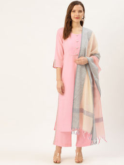 Jaipur Kurti - Pink Self Embroidered Straight Kurta with Pant & Dupatta (Set of 3)