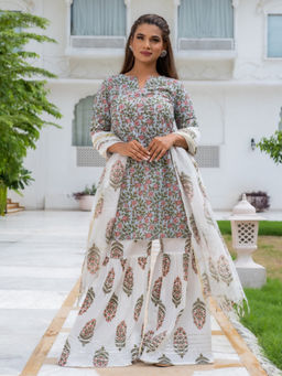 Jaipur Kurti - Light Blue Floral Cotton Kurti with Sharara & Dupatta (Set of 3)