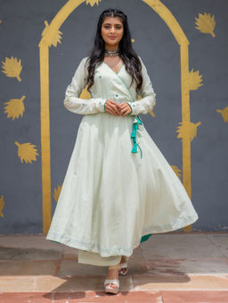 Jaipur Kurti - Light Green Cotton Flared Angarkha Kurta with Palazzo (Set of 2)