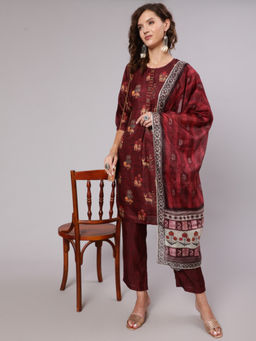 Jaipur Kurti - Maroon Tussar Silk Printed Kantha Work Kurta with Pant & Dupatta (Set of 3)