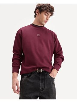 Rare Rabbit - Mens Badgez Dusky Maroon Cotton Blend Sweatshirt