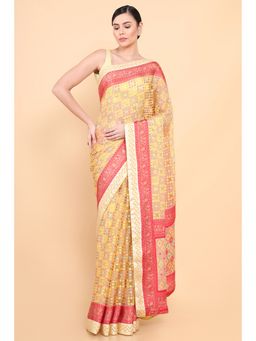 Soch - Women Yellow Organza Printed Saree with Unstitched Blouse