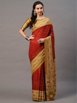 Odette - Red & Beige Casual Satin Silk Printed Saree with Unstitched Blouse