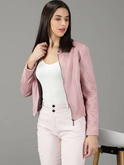 SHOWOFFFF - Women's Stand Collar Solid Pink Open Front Jacket