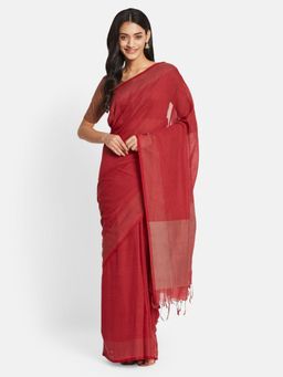 Fabindia - Maroon Cotton Hand Woven Saree without Blouse