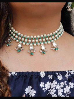 BeAbhika - Pearl & Dangling Kundan Green Necklace Set