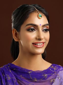 Ruby Raang Studio - Green Brass Gold Plated Kundan Maang Tikka