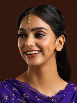 Ruby Raang Studio - Green Brass Gold Plated Kundan Maang Tikka