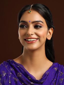 Ruby Raang Studio - Green Brass Gold Plated Kundan Maang Tikka