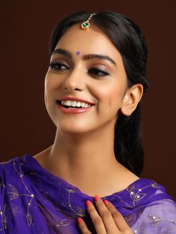 Ruby Raang Studio - Green Brass Gold Plated Kundan Maang Tikka