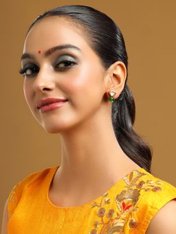 Ruby Raang Studio - Green Brass Gold Plated Kundan Pair Of Earrings