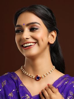 Ruby Raang Studio - Blue Brass Gold Plated Kundan Necklace