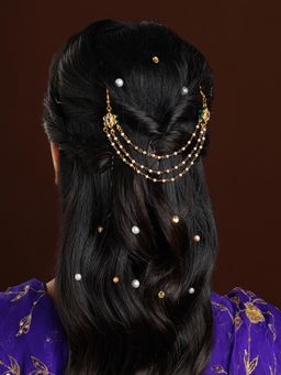 Ruby Raang Studio - White Brass Gold Plated Kundan Hair Chain