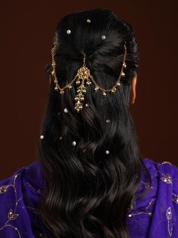 Ruby Raang Studio - White Brass Gold Plated Kundan Hair Chain