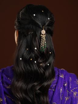 Ruby Raang Studio - Green Brass Gold Plated Kundan Hair Chain