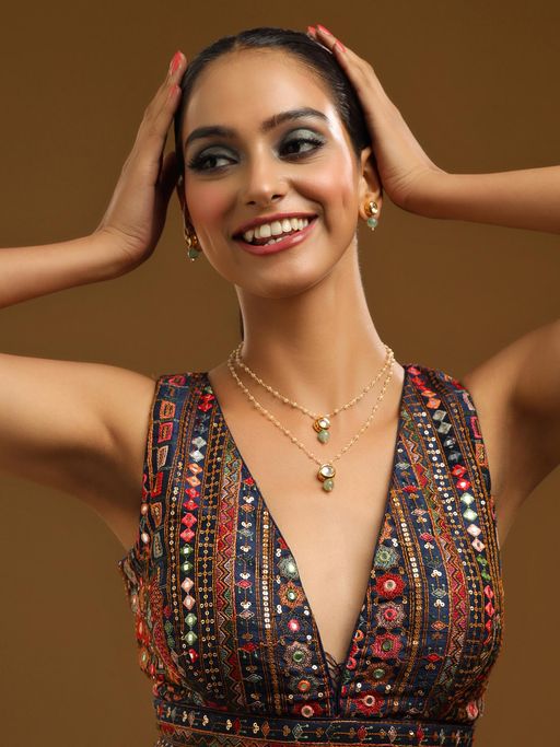 Ruby Raang Studio Green Brass Gold Plated Kundan Necklace with Pair Of Earrings
