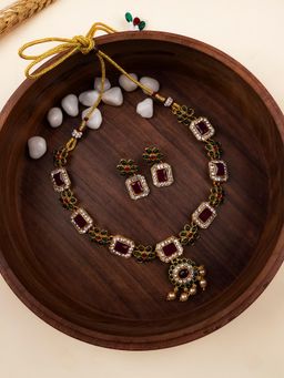 STILEADDA - Multi-Color Alloy Antique Gold Plated Stones Necklace with Pair Of Earrings