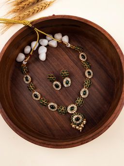 STILEADDA - Green Alloy Antique Gold Plated Stones Necklace with Pair Of Earrings