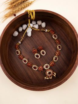 STILEADDA - Red Alloy Antique Gold Plated Stones Necklace with Pair Of Earrings