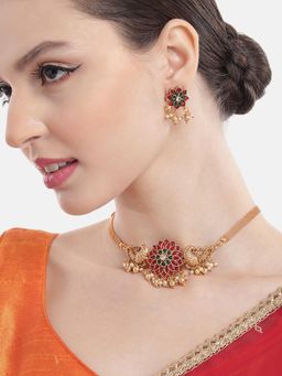 STILEADDA - Multi-Color Alloy Antique Gold Plated Stones Necklace with Pair Of Earrings