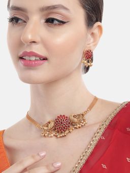 STILEADDA - Red Alloy Antique Gold Plated Stones Necklace with Pair Of Earrings