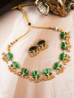 STILEADDA - Green Copper Antique Gold Plated Contemporary Necklace with Pair Of Earrings