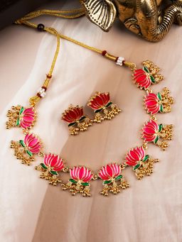 STILEADDA - Red Copper Antique Gold Plated Contemporary Necklace with Pair Of Earrings