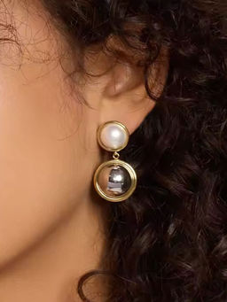 NAITRA - White Stainless Steel 18K Gold Plated Statement Pair Of Earrings