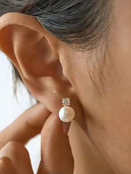 NAITRA - White Stainless Steel 18K Gold Plated Stones Pair Of Earrings