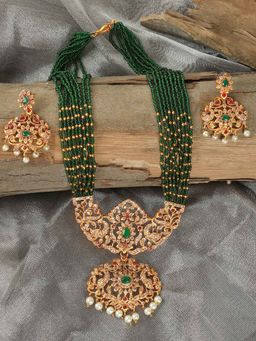 STILEADDA - Green Alloy Antique Gold Plated Stones Necklace with Pair Of Earrings