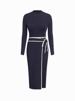 Cider - Turtleneck Belted Bowknot Knitted Maxi Dress