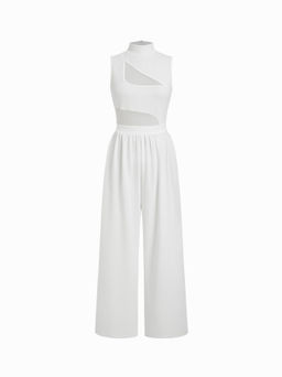 Cider - High Neck Solid Cut Out Patched Wide Leg Jumpsuit