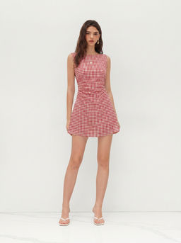Cider - Linen-blend Boat Neck Solid Knotted Backless Mini Dress
