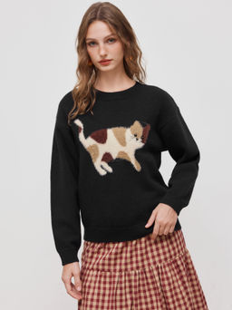Cider - Knit Round Neckline Cat Oversized Long Sleeve Top