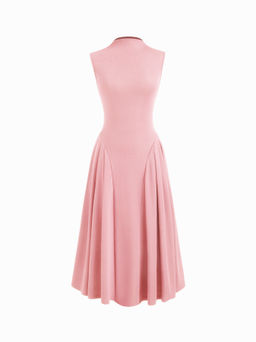 Cider - High Neck Solid Pocket Ruffle Midi Dress