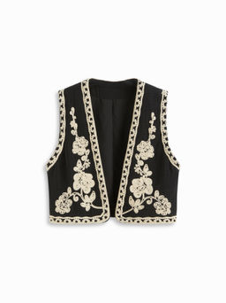 Cider - Cotton-blend Cropped V-Neck Floral Vest