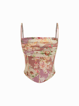 Cider - Mesh Abstract Ruched Corset Crop Cami Top