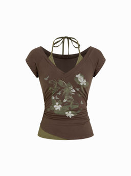 Cider - Cotton-blend Halter Neckline Graphic Two Tone Ruched Top