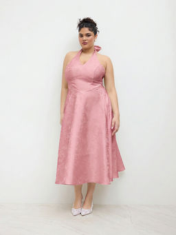 Cider - Jacquard V-neck Floral Lace Up Midi Dress Curve & Plus