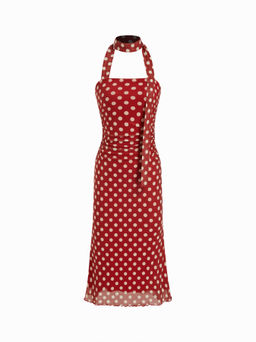 Cider - Mesh Halter Neckline Polka Dot Ruched Midi Dress