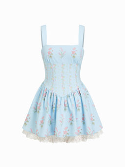 Cider - Linen-blend Floral Broderie Anglaise Trim Layered Lace Up Mini Dress