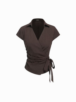 Cider - Cotton-blend Polo Neck Stripe Knotted Blouse