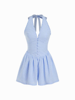 Cider - Gingham Halter Neckline Shirred Romper