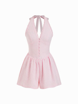 Cider - Gingham Halter Neckline Shirred Romper